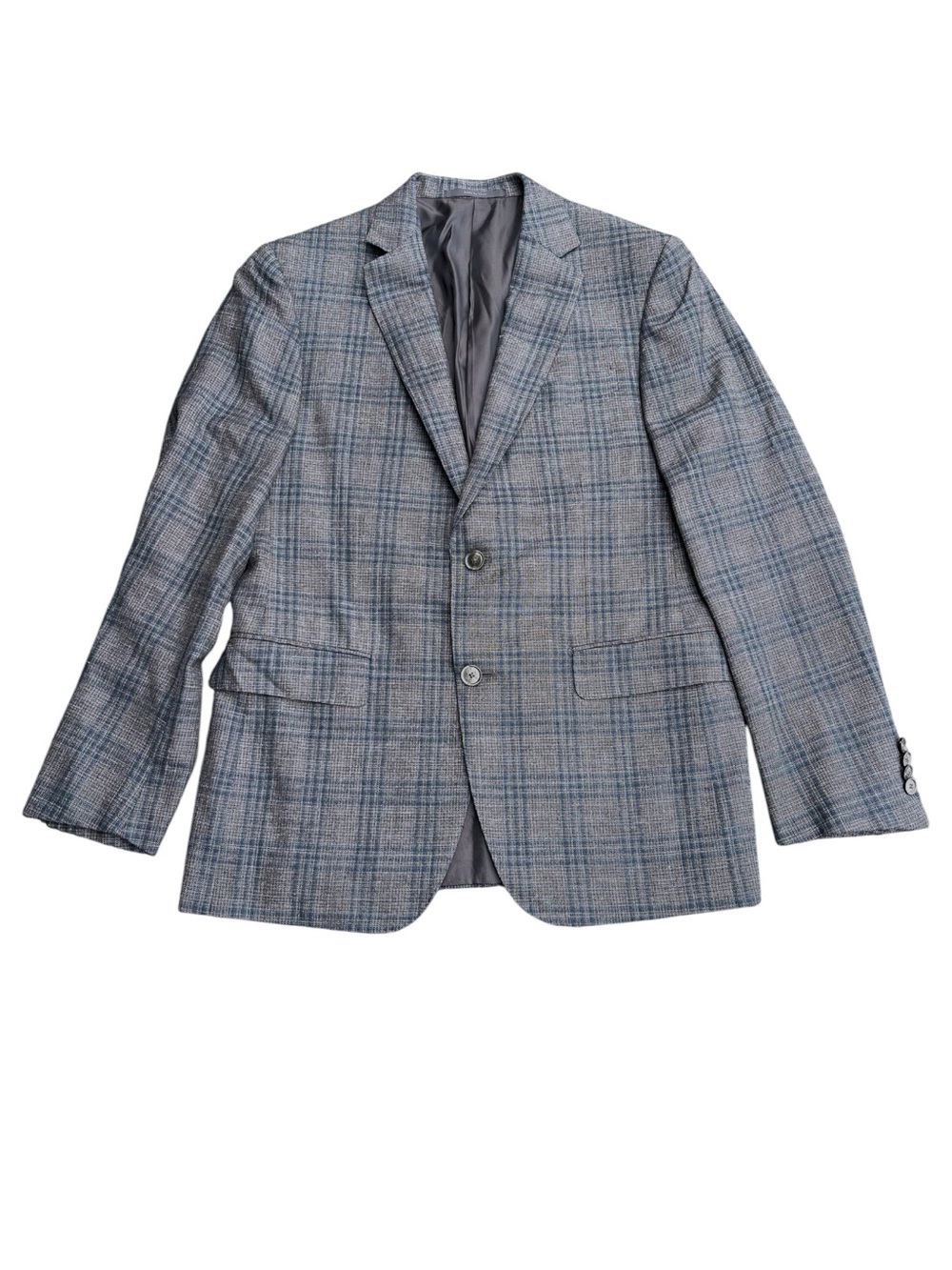 Pal Zileri Grey/Blue Plaid Wool/Silk/Linen 2 Button Vented Blazer Jacket (40R)